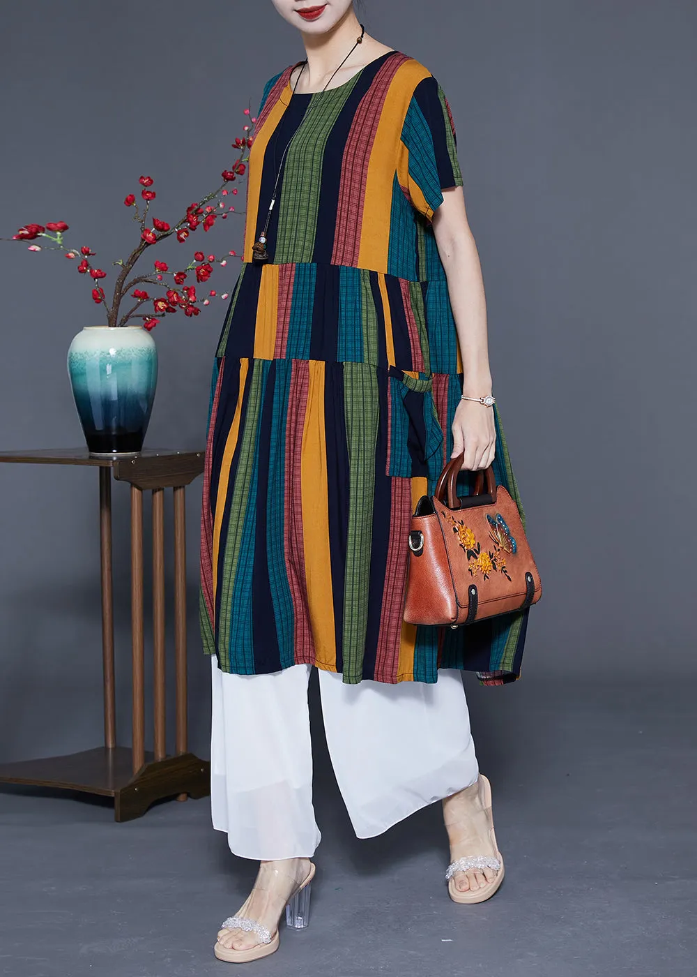 Art Colorblock Oversized Patchwork Striped Cotton Maxi Dresses Summer LY1106