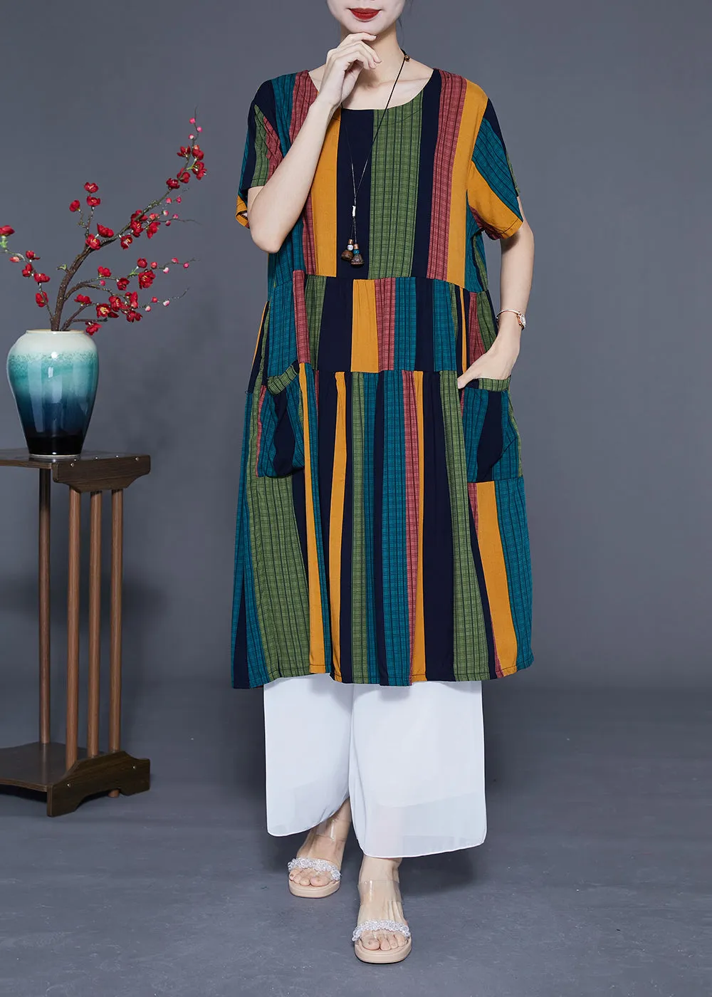 Art Colorblock Oversized Patchwork Striped Cotton Maxi Dresses Summer LY1106