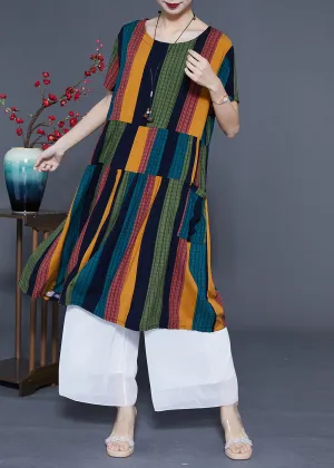 Art Colorblock Oversized Patchwork Striped Cotton Maxi Dresses Summer LY1106