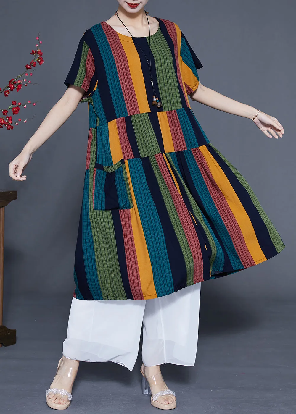 Art Colorblock Oversized Patchwork Striped Cotton Maxi Dresses Summer LY1106