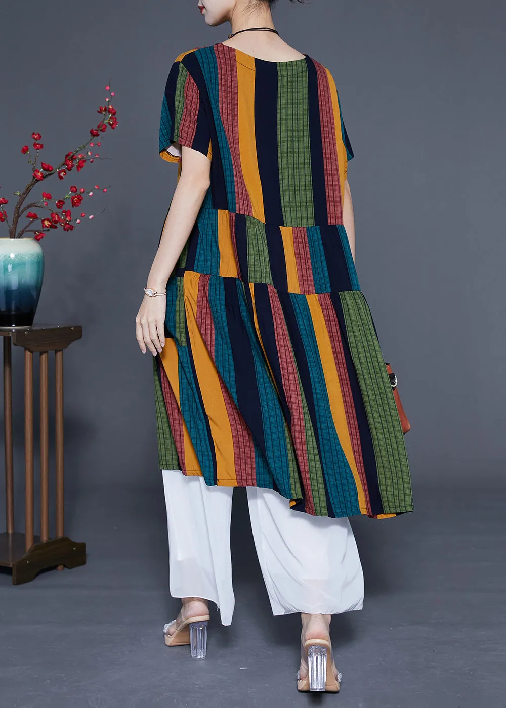 Art Colorblock Oversized Patchwork Striped Cotton Maxi Dresses Summer LY1106
