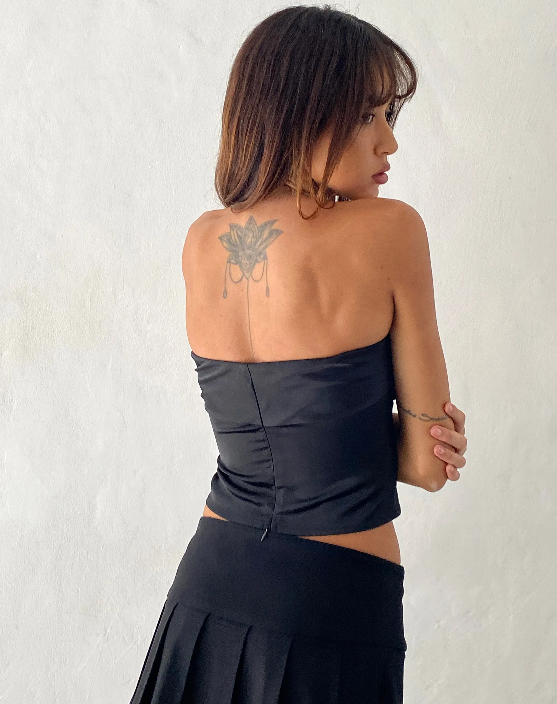 Astrum Bandeau Satin Top in Black with Rosette