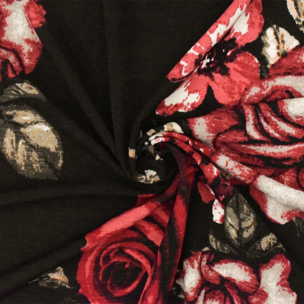 Black-Red-Multi Floral Printed Stretch Poly Onionskin Jersey Knit Fabric