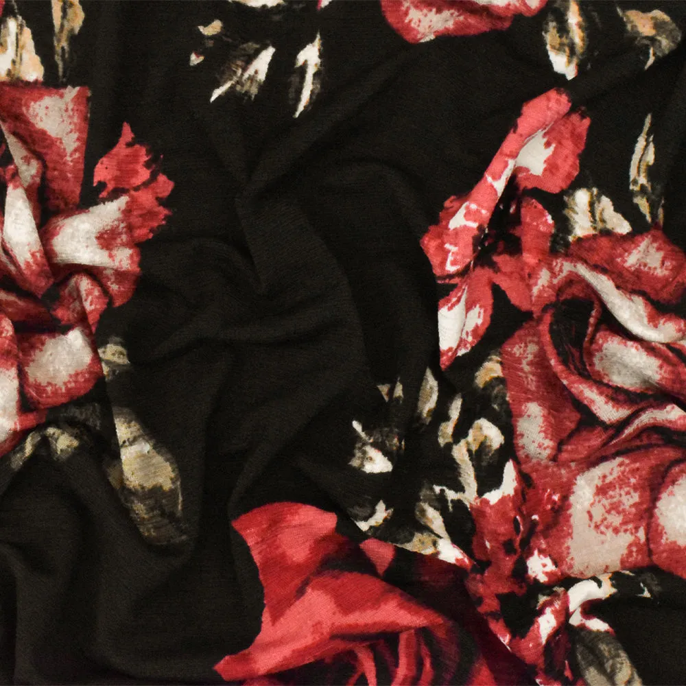 Black-Red-Multi Floral Printed Stretch Poly Onionskin Jersey Knit Fabric