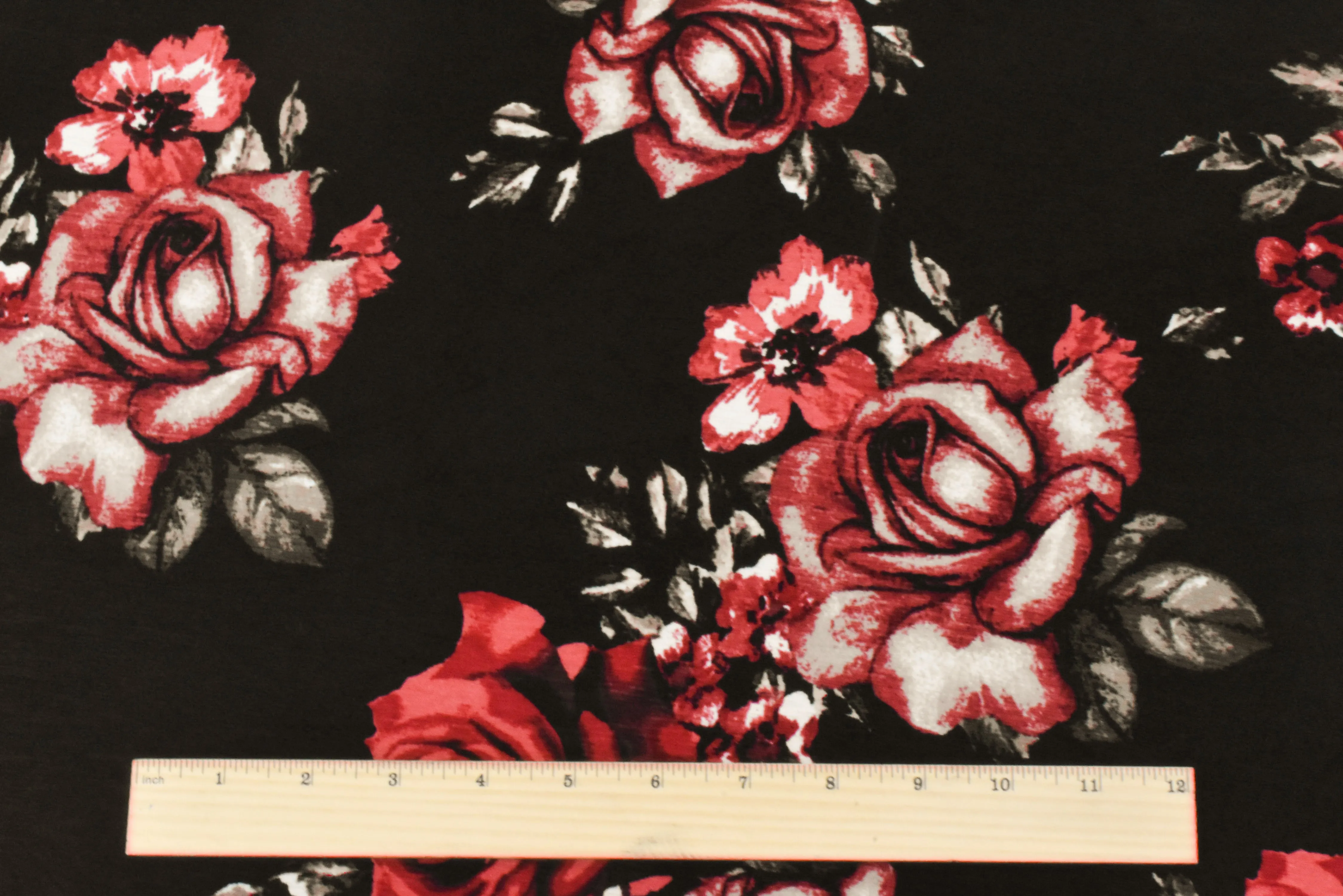 Black-Red-Multi Floral Printed Stretch Poly Onionskin Jersey Knit Fabric