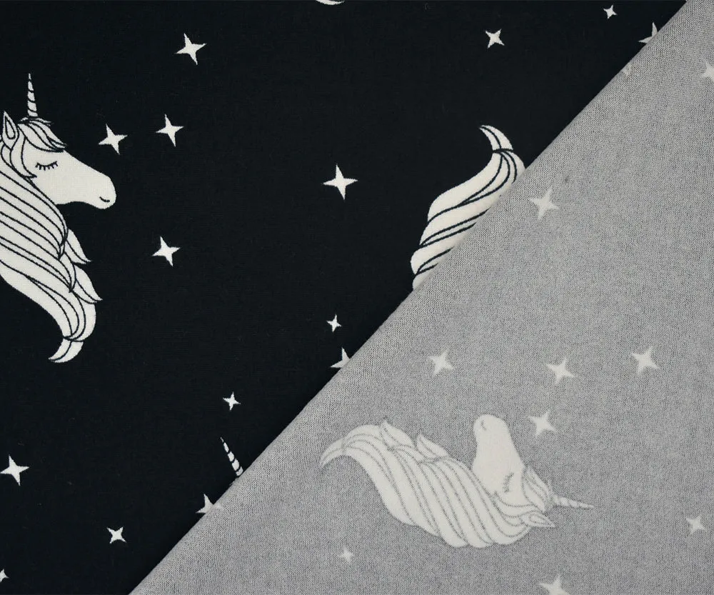 Black-White Unicorn Printed Poly Stretch Double Brushed Jersey Knit Fabric