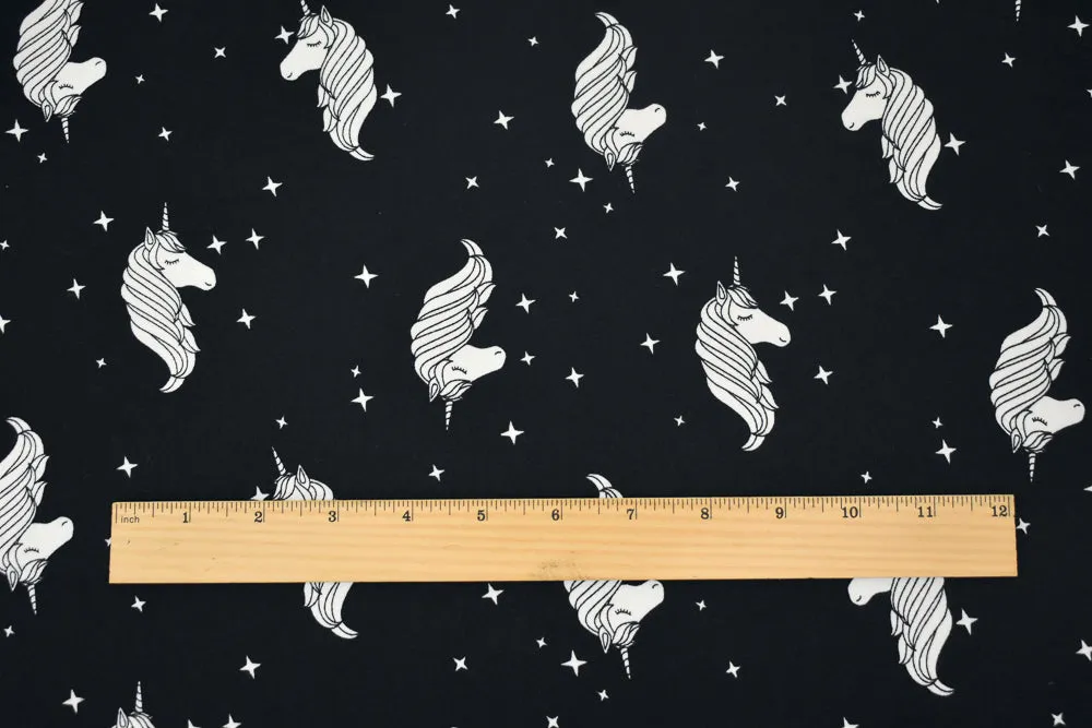 Black-White Unicorn Printed Poly Stretch Double Brushed Jersey Knit Fabric