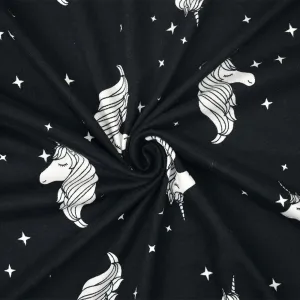 Black-White Unicorn Printed Poly Stretch Double Brushed Jersey Knit Fabric