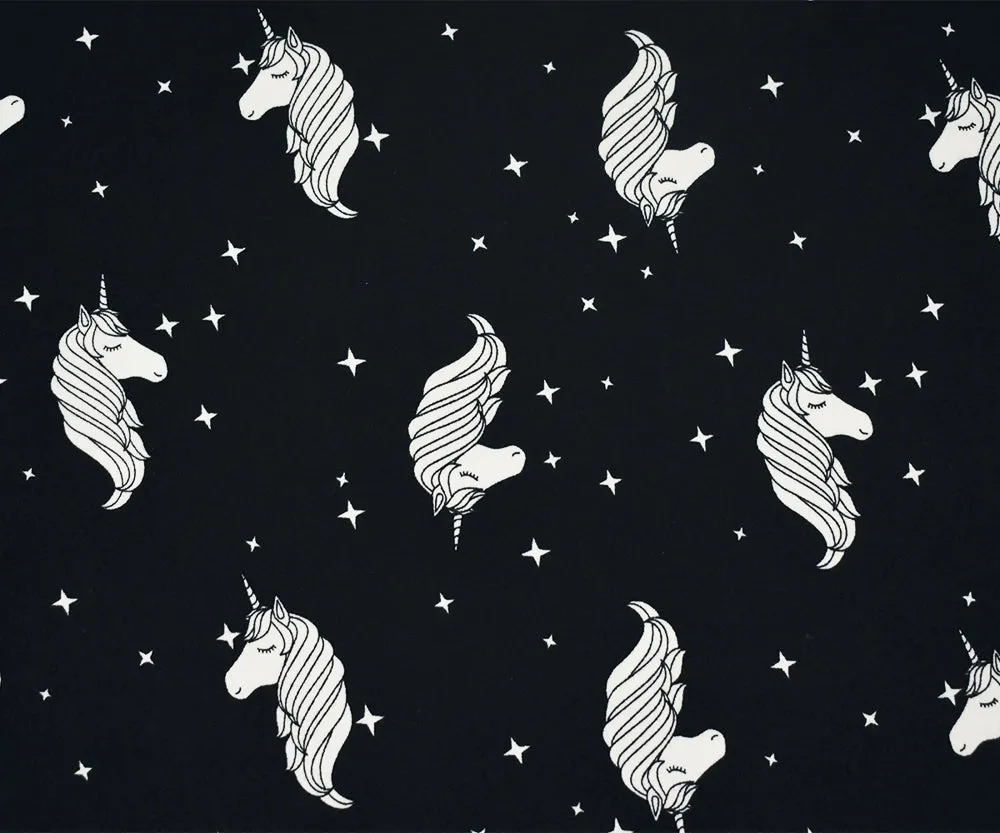 Black-White Unicorn Printed Poly Stretch Double Brushed Jersey Knit Fabric