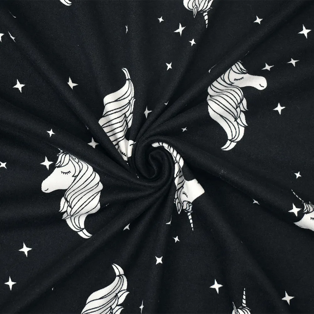 Black-White Unicorn Printed Poly Stretch Double Brushed Jersey Knit Fabric