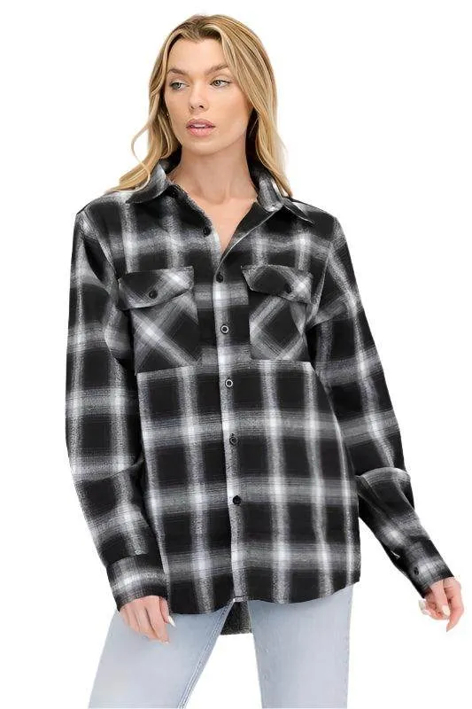 Boyfriend Fit Checker Plaid Flannel Long Sleeve Shirts