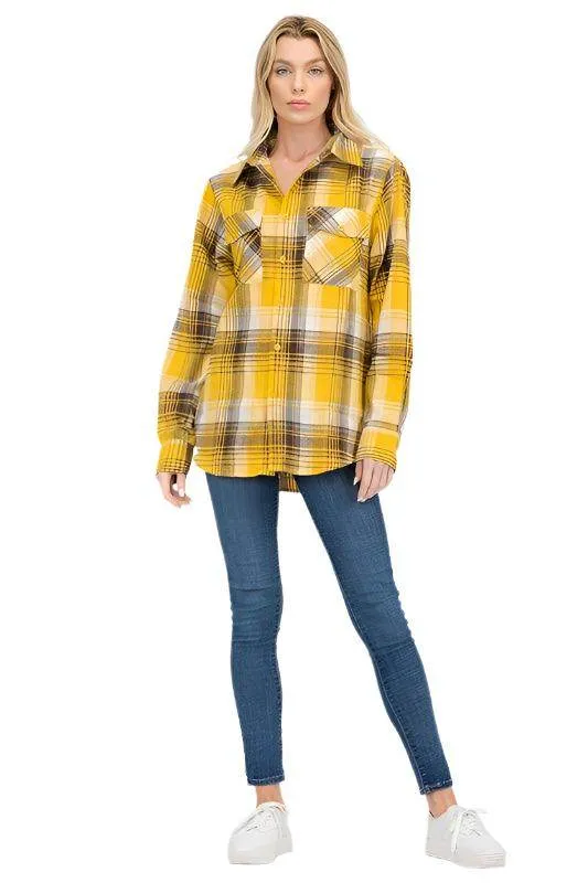 Boyfriend Fit Checker Plaid Flannel Long Sleeve Shirts