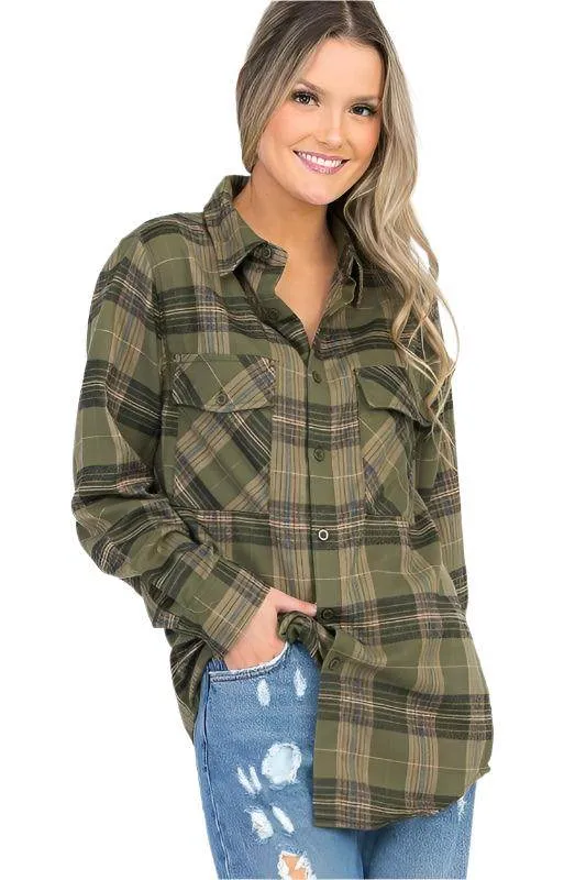 Boyfriend Fit Checker Plaid Flannel Long Sleeve Shirts
