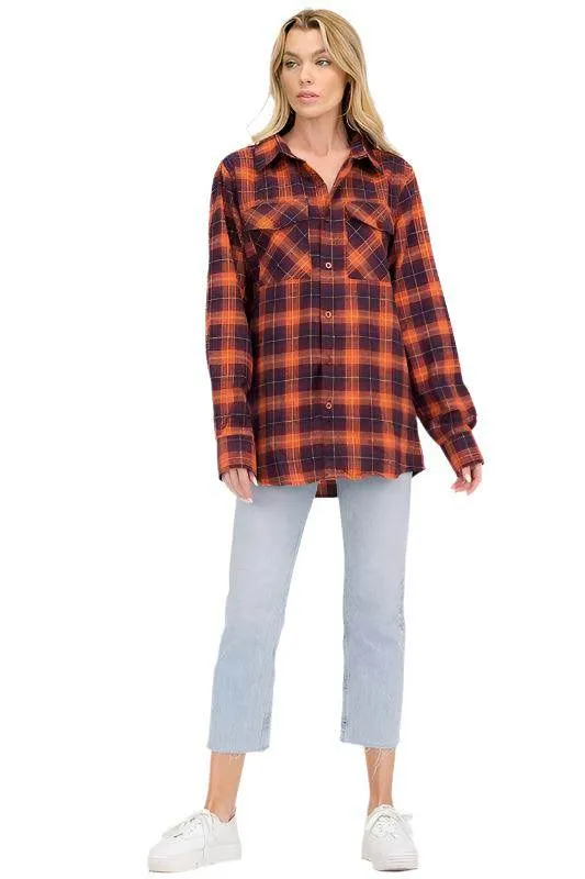 Boyfriend Fit Checker Plaid Flannel Long Sleeve Shirts