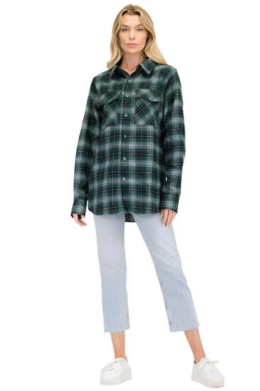 Boyfriend Fit Checker Plaid Flannel Long Sleeve Shirts