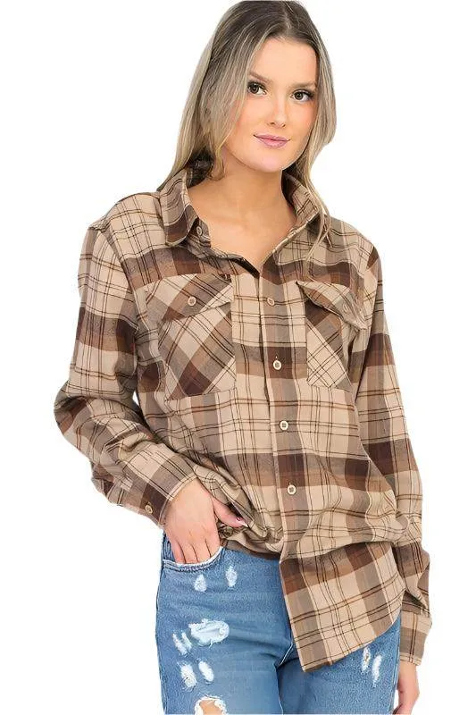 Boyfriend Fit Checker Plaid Flannel Long Sleeve Shirts