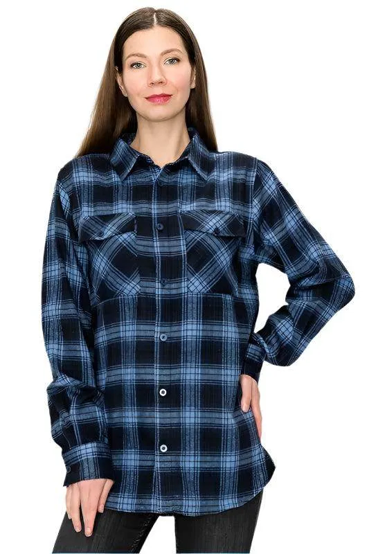 Boyfriend Fit Checker Plaid Flannel Long Sleeve Shirts