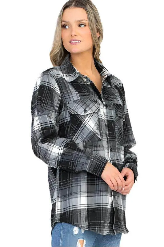 Boyfriend Fit Checker Plaid Flannel Long Sleeve Shirts