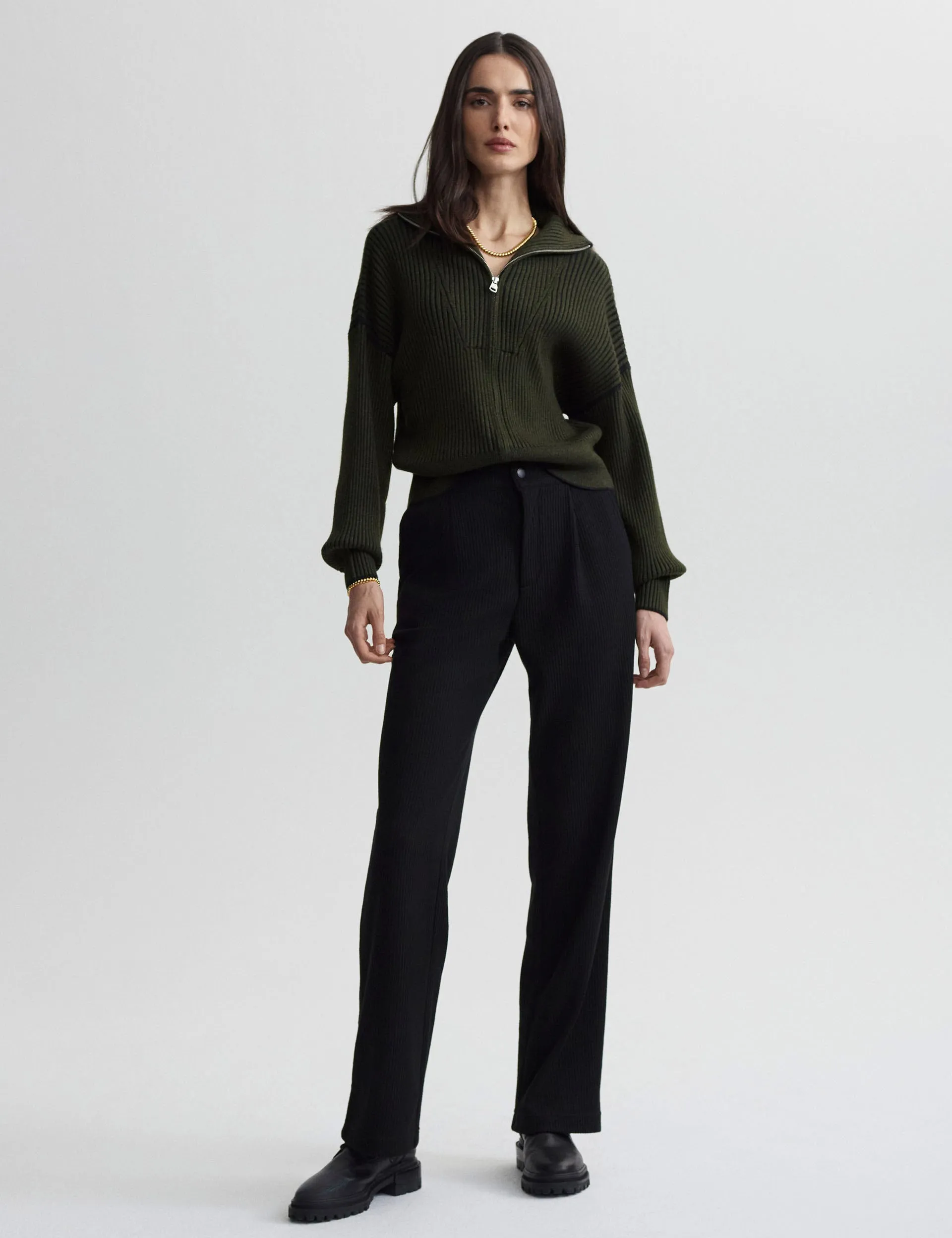 Carmen Zip-Through Rib Knit - Dark Olive