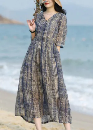 Chic Blue V Neck Striped Patchwork Pockets Linen Dresses Short Sleeve