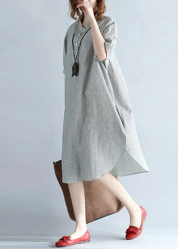 Chic side open Cotton Long Shirts Work gray striped Dresses summer