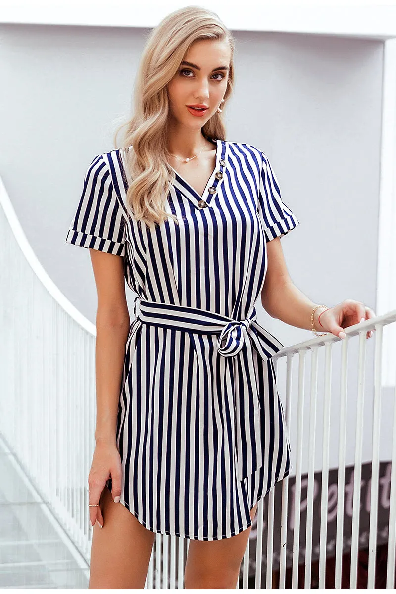 Elegant Striped High Waist V-neck Buttons Belt Office Dress