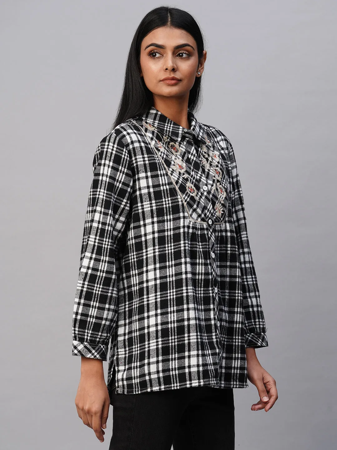 Embroidered Yoke Brushed Flannel Plaid Longline Shirt