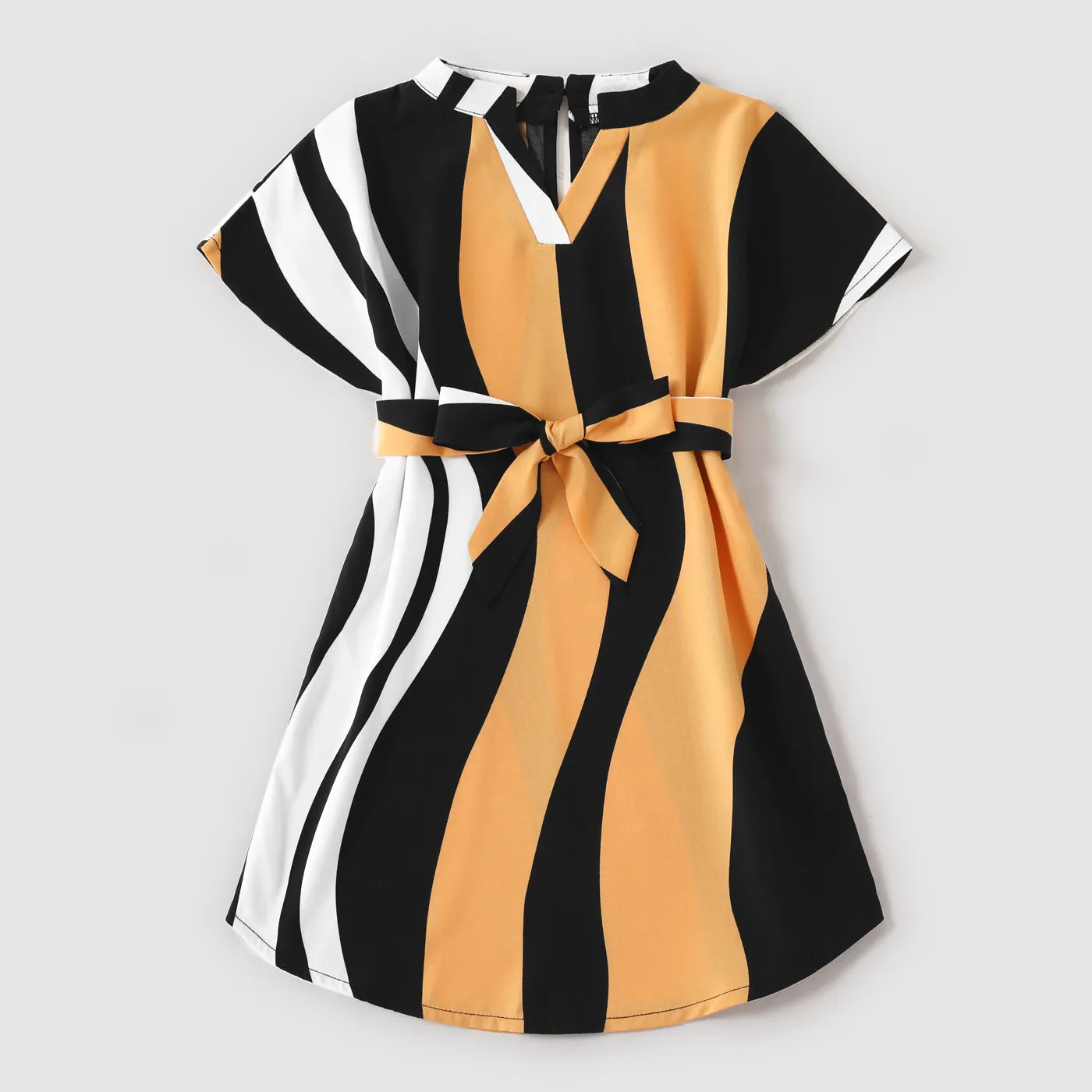 Family Matching Striped V Neck Short-sleeve Belted Dresses and Raglan-sleeve T-shirts Sets