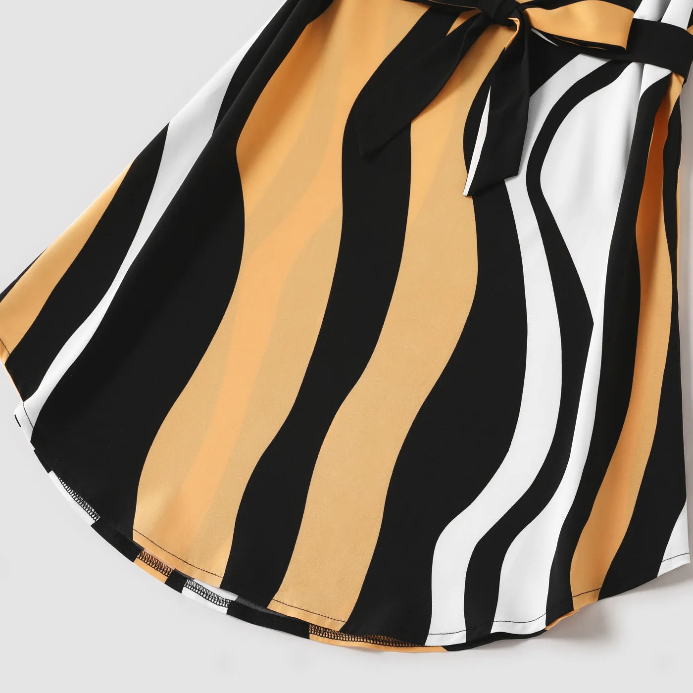 Family Matching Striped V Neck Short-sleeve Belted Dresses and Raglan-sleeve T-shirts Sets