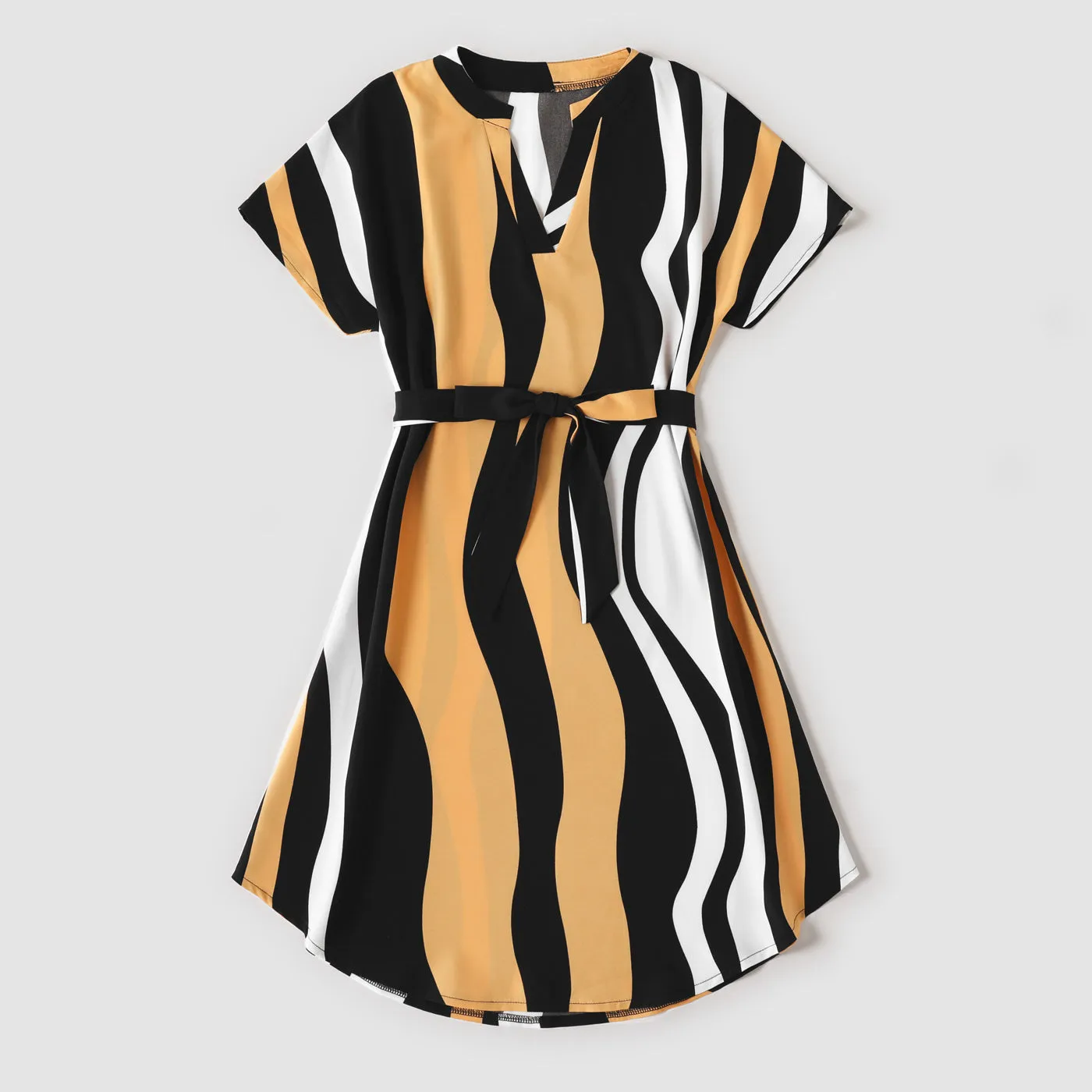 Family Matching Striped V Neck Short-sleeve Belted Dresses and Raglan-sleeve T-shirts Sets