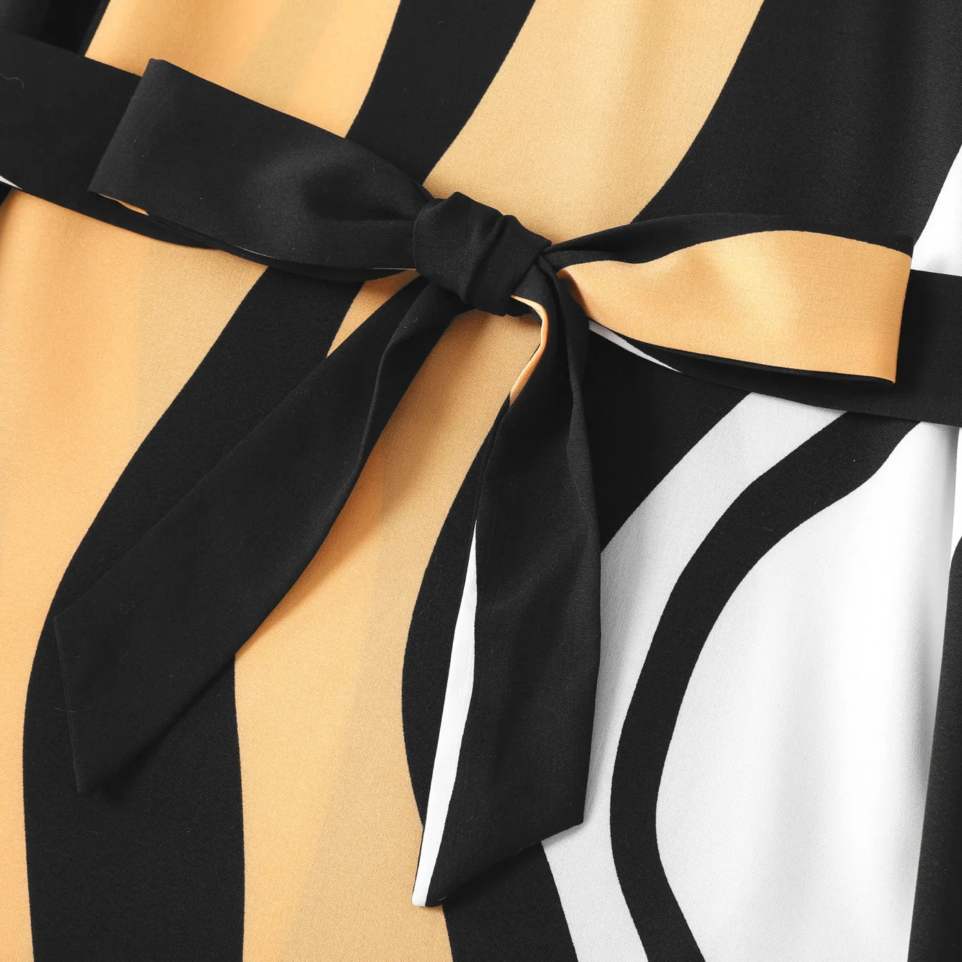 Family Matching Striped V Neck Short-sleeve Belted Dresses and Raglan-sleeve T-shirts Sets
