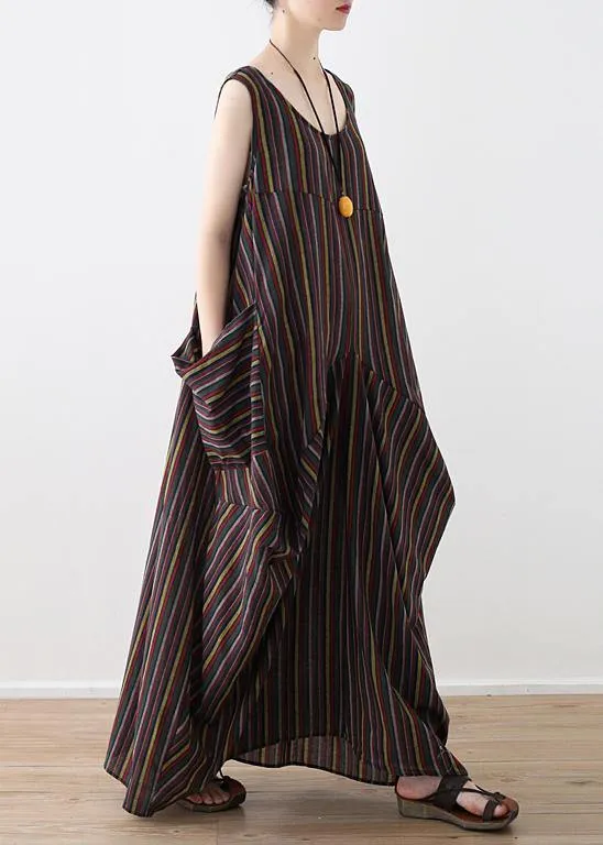 French big pockets cotton dresses yellow green striped Robe Dress summer