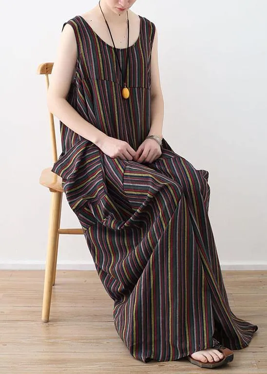 French big pockets cotton dresses yellow green striped Robe Dress summer