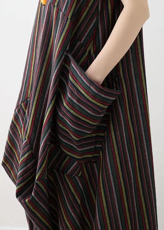 French big pockets cotton dresses yellow green striped Robe Dress summer