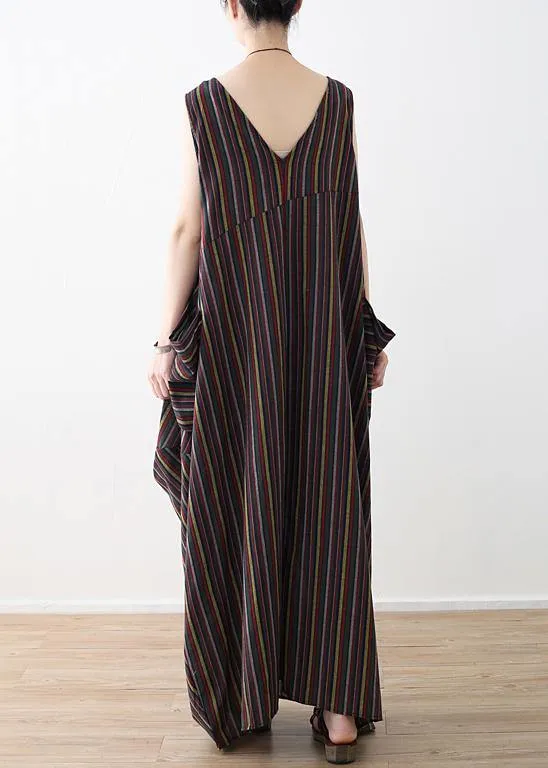 French big pockets cotton dresses yellow green striped Robe Dress summer