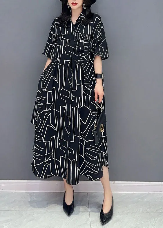French Black Striped Pockets Patchwork Cotton Shirts Dress Summer LY7290