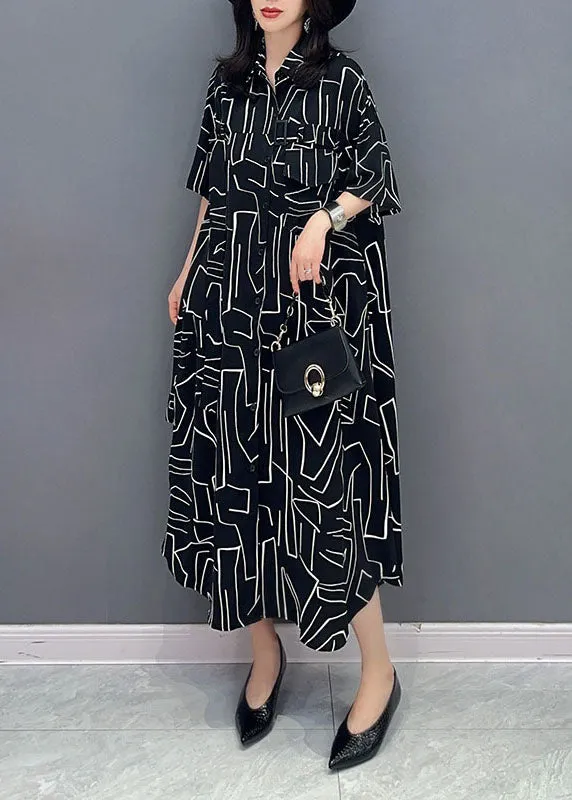 French Black Striped Pockets Patchwork Cotton Shirts Dress Summer LY7290
