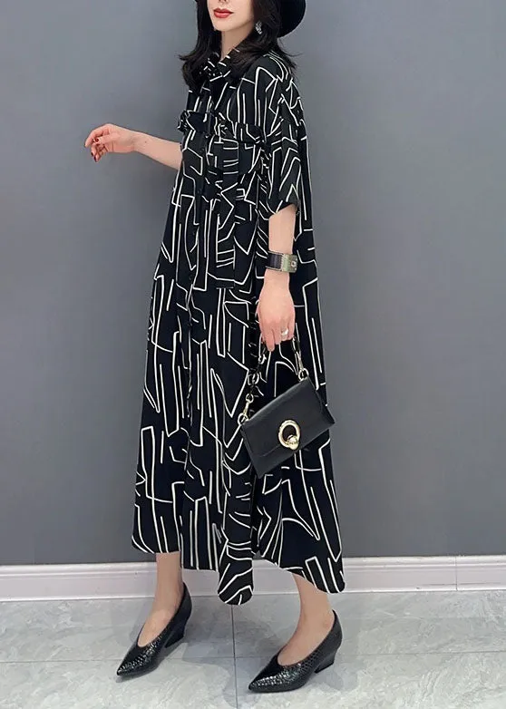 French Black Striped Pockets Patchwork Cotton Shirts Dress Summer LY7290