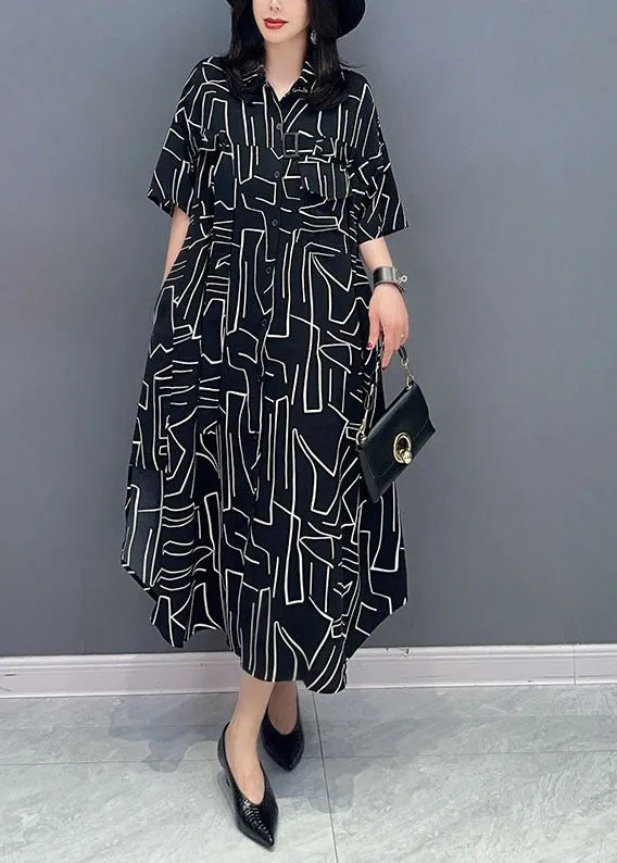 French Black Striped Pockets Patchwork Cotton Shirts Dress Summer LY7290