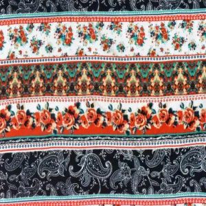 Ivory-Red-Multi Mix Pattern Stripe Printed Stretch Rayon Jersey Knit Fabric
