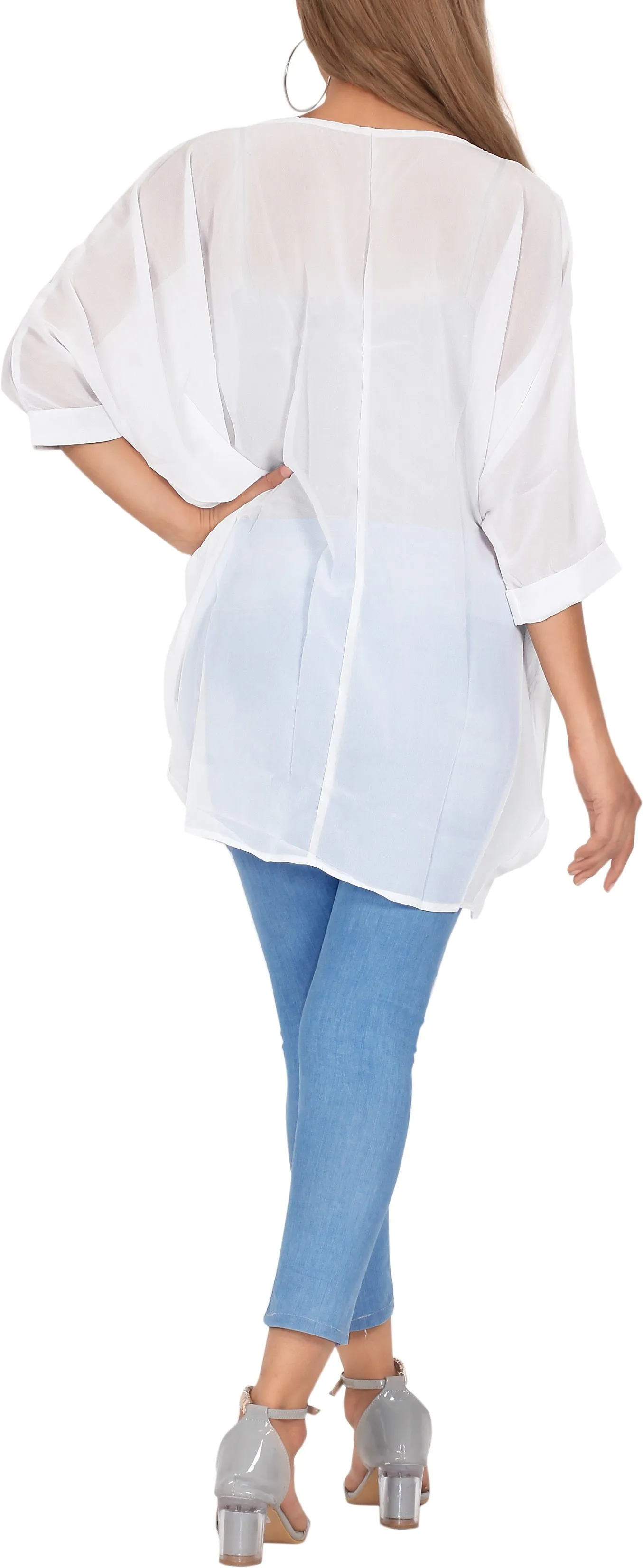 LA LEELA Women's Blouse Kimono Cardigan Cape US S White_Y698 M White_AA324