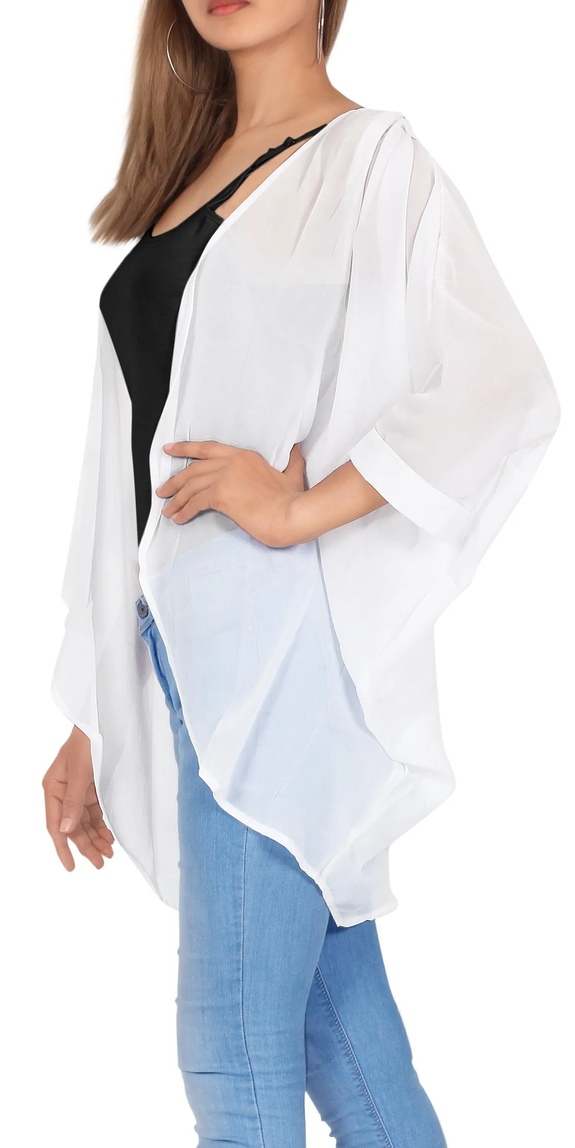 LA LEELA Women's Blouse Kimono Cardigan Cape US S White_Y698 M White_AA324