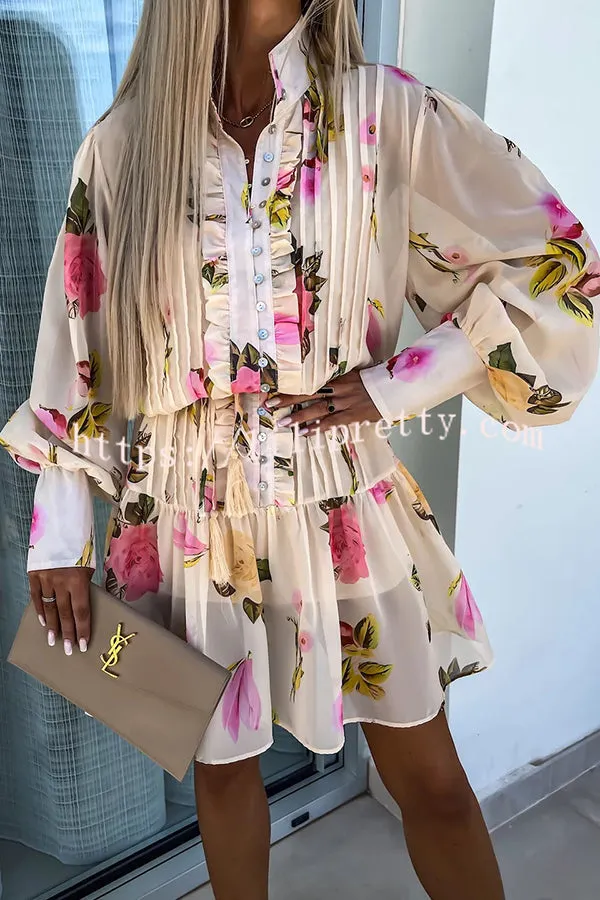 Lilipretty Sunset and Dreams Floral Print Subtle Tuck Lantern Sleeve Belt Mini Dress