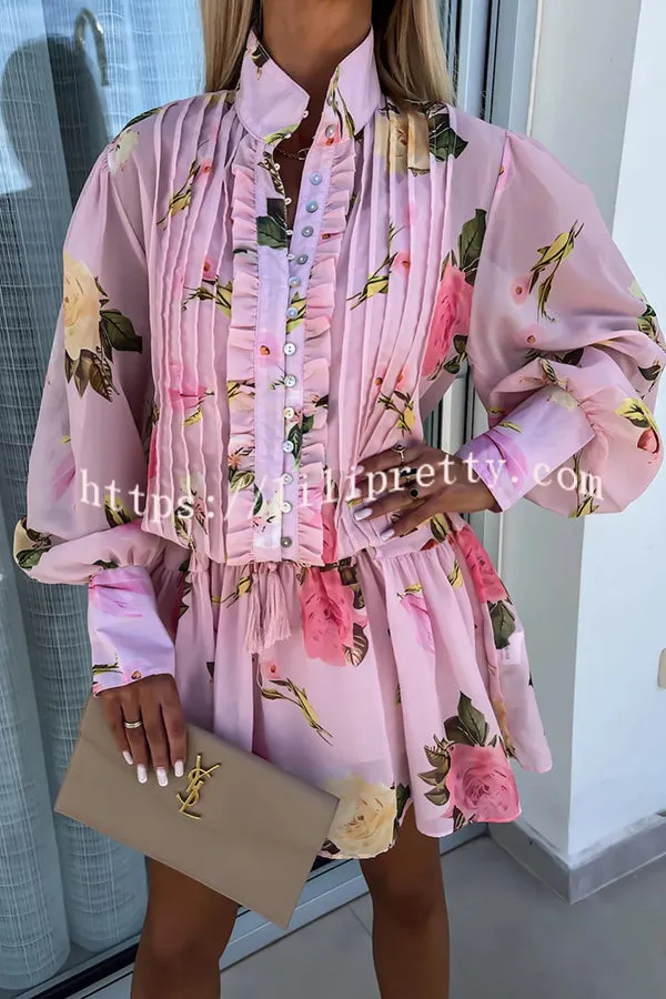 Lilipretty Sunset and Dreams Floral Print Subtle Tuck Lantern Sleeve Belt Mini Dress