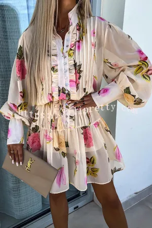 Lilipretty Sunset and Dreams Floral Print Subtle Tuck Lantern Sleeve Belt Mini Dress