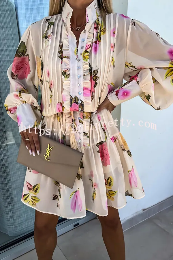 Lilipretty Sunset and Dreams Floral Print Subtle Tuck Lantern Sleeve Belt Mini Dress