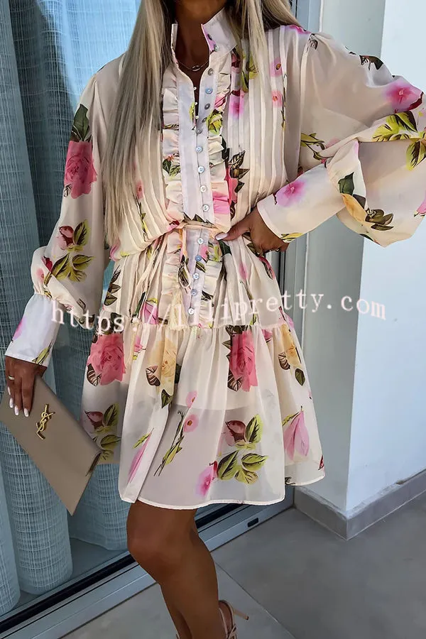 Lilipretty Sunset and Dreams Floral Print Subtle Tuck Lantern Sleeve Belt Mini Dress