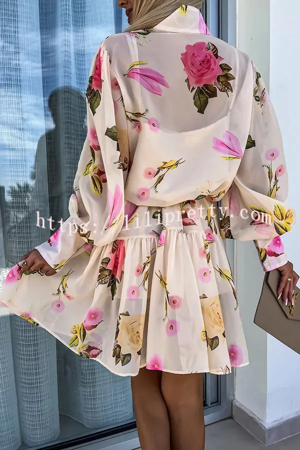 Lilipretty Sunset and Dreams Floral Print Subtle Tuck Lantern Sleeve Belt Mini Dress