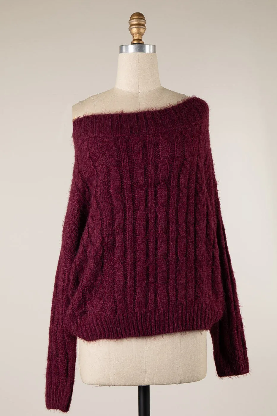 LONG SLEEVE BOAT NECK RIBBED TRIM BRAID CABLE KNIT SWEATER 1 PACK
