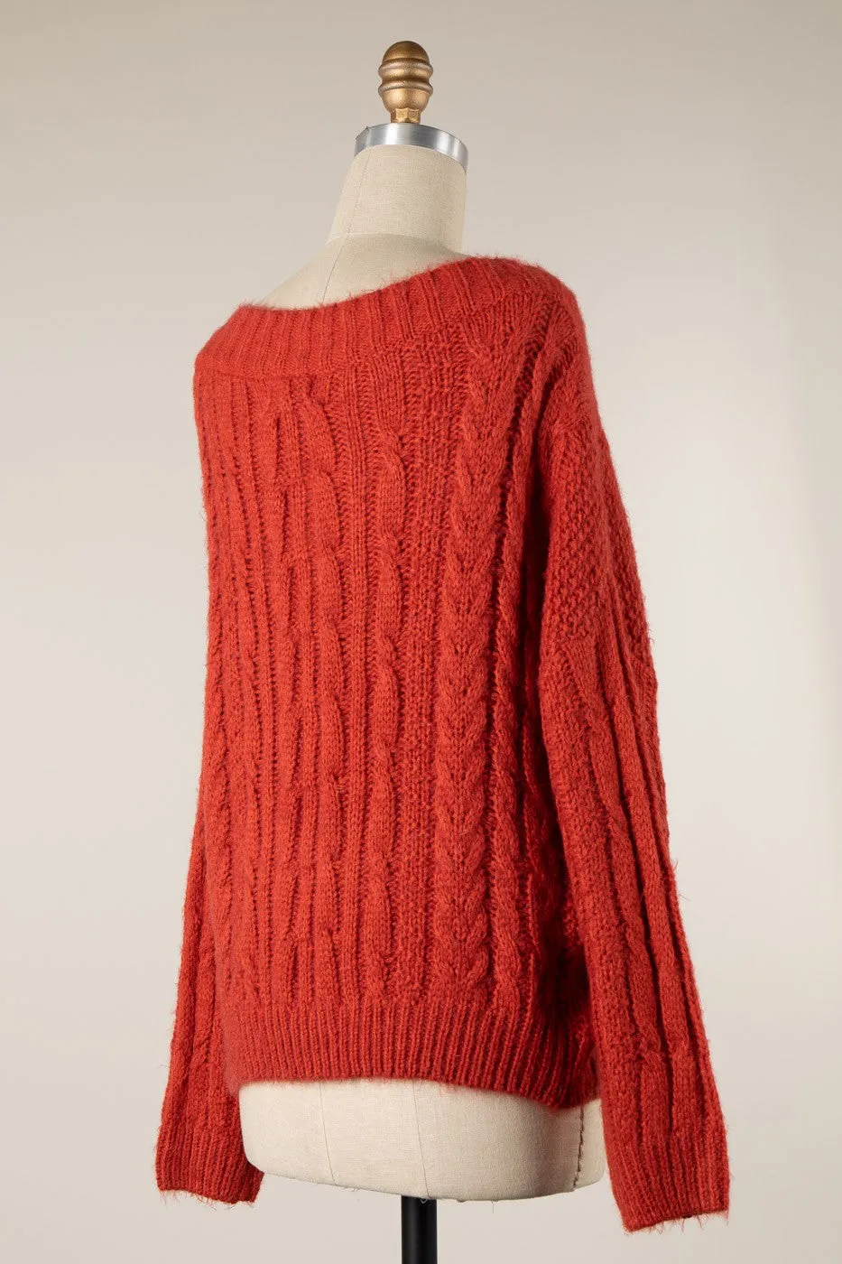 LONG SLEEVE BOAT NECK RIBBED TRIM BRAID CABLE KNIT SWEATER 1 PACK